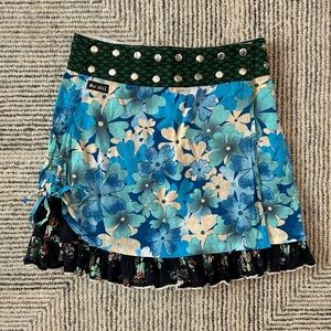 Moshiki Blue Floral Mini Skirt with Studded Waist Adjustable Small boho grunge